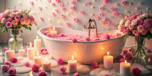 Fototapeta Naklejka Na Ścianę i Meble -  Bath tub filled with pink foamy bubbles surrounded by candles and flowers, bubbles, foam,  bubbles, foam, candles, water, flowers