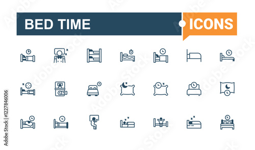 Bed Time lined icons set. Includes thin line napping, dreaming, human, clock, alarm, moon, nap, table. Pixel perfect. Vector outline and solid icons collection.