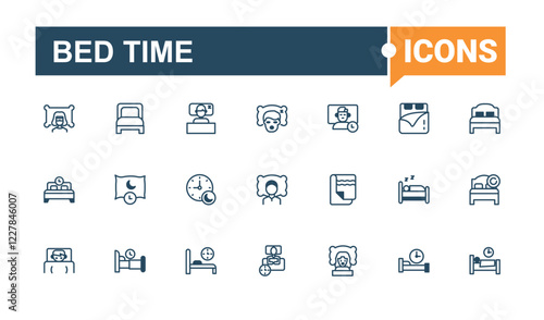 Bed Time lined icons set. Includes thin line napping, dreaming, human, clock, alarm, moon, nap, table. Pixel perfect. Vector outline and solid icons collection.
