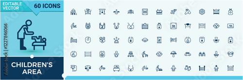 Set of Children’s Area line icons. It contains symbols to room, toys, art, decor, bed. Minimalistic icons. Solid line editable stroke. Vector line and solid icons.