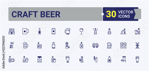 Craft Beer lined icons set. Related to brewing, barley, alcohol, mug, cap, bottle, hop, oktoberfest. Minimal linear icons. Vector line and solid icons.