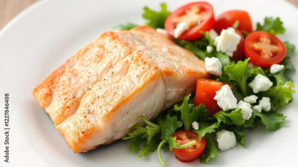 Pan-seared salmon fillet on a plate with a side of fresh mixed greens salad, topped with cherry tomatoes and crumbled feta cheese., meal, pan-seared Pan-seared salmon fillet on a plate with a side of fresh mixed greens salad, topped with cherry tomatoes and crumbled feta cheese., meal, pan-seared