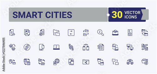 Set of Data Exchange line icons. Includes thin line report, connect, innovation, computer, server, storage, network and more. Isolated icons design. Editable vector icon and illustration.