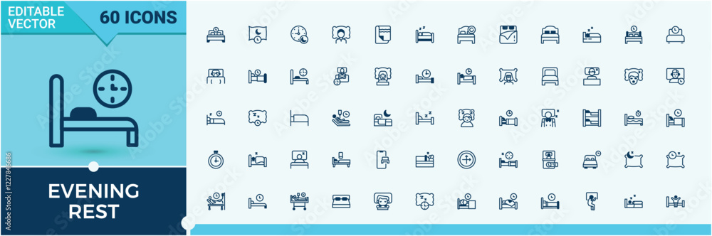 Evening Rest icons set. Containing star, table, app, Bed, nap, sleepy, resting, day and more. Simple icon designs. Vector outline and solid icons collection. Evening Rest icons set. Containing star, table, app, Bed, nap, sleepy, resting, day and more. Simple icon designs. Vector outline and solid icons collection.