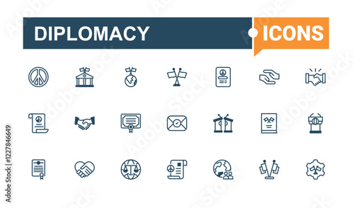 Diplomacy linear icon collection. Icons consulate, handshake, negotiation, diplomatic, partners, justice, democracy, neutrality. Vector outline and solid icons collection.