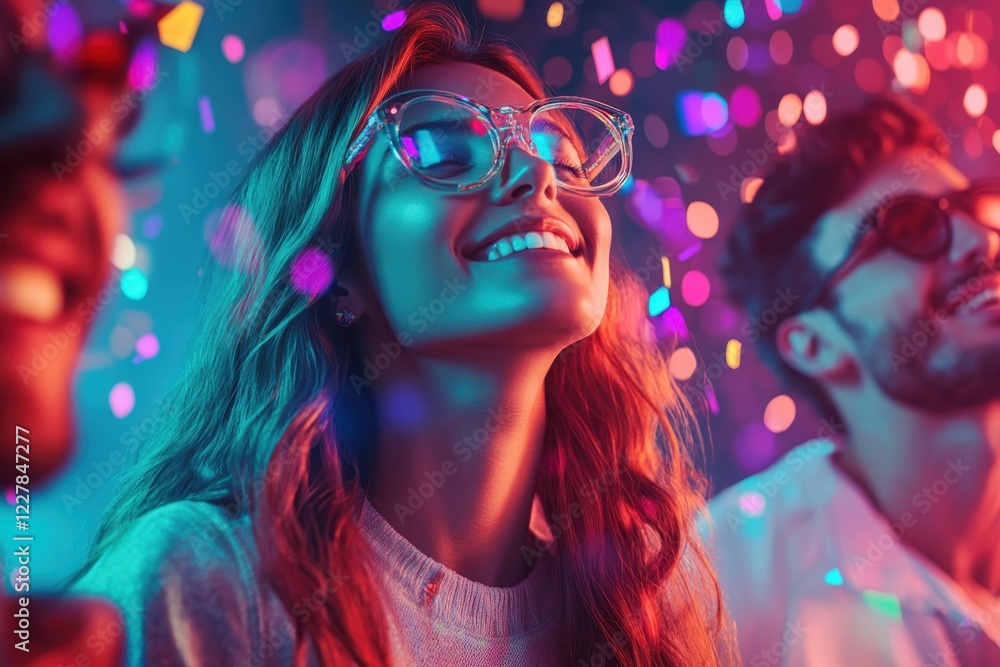 Joyful celebration with colorful lights and happy faces at a lively event in the evening Joyful celebration with colorful lights and happy faces at a lively event in the evening