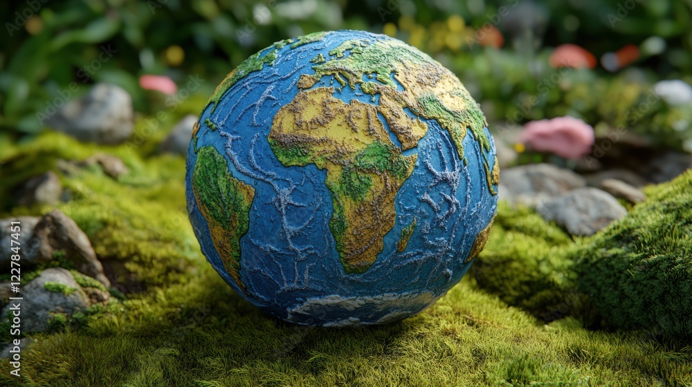 Green Earth Globe in the Garden with Grass and Sky Green Earth Globe in the Garden with Grass and Sky
