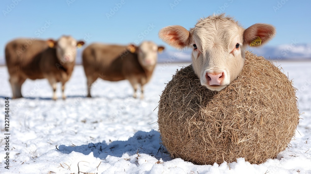 Obraz premium Calf in hay bale, snowy field, winter cattle farm, livestock