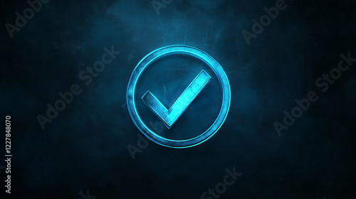 A glowing blue checkmark is centered within a circle