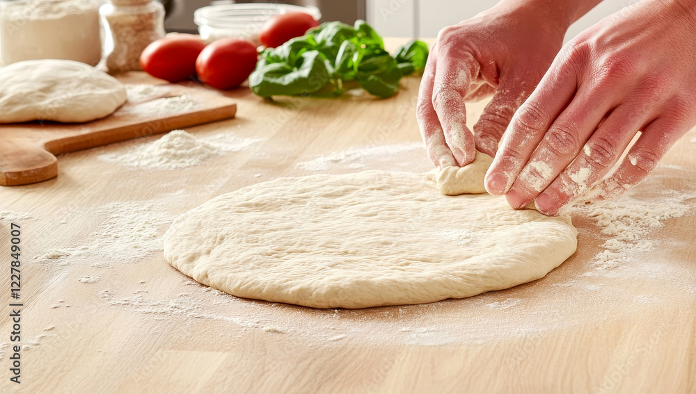 Hands shaping fresh dough on a wooden table with ingredients nearby Hands shaping fresh dough on a wooden table with ingredients nearby