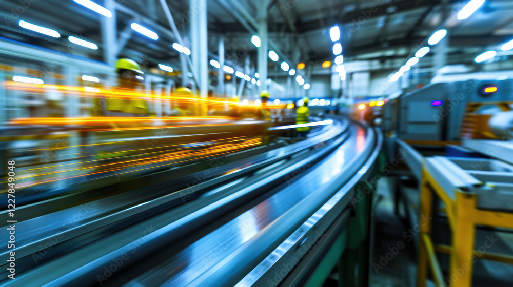 A factory with a conveyor belt and workers in yellow vests. A factory with a conveyor belt and workers in yellow vests.