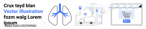 Lungs diagram, logistics delivery truck with location and wireless icons, and storefront cart. Ideal for medical, logistics, e-commerce, health, technology, education flat landing page banner