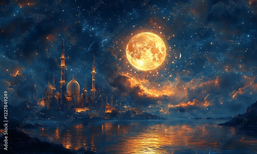 Fototapeta premium Fantasy Cityscape with Glowing Moon Over Water at Night
