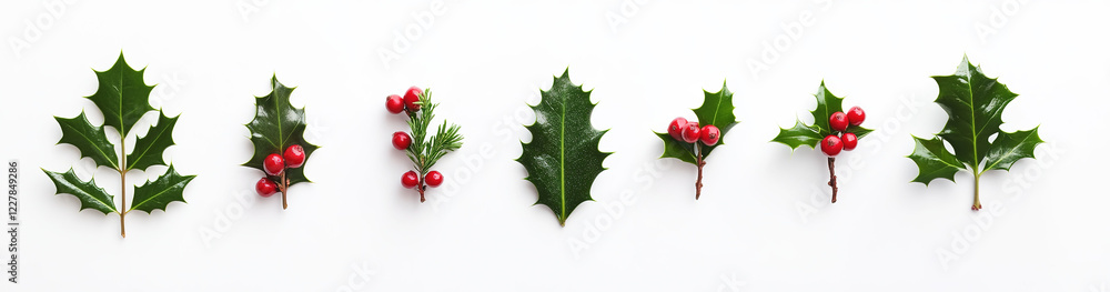 Fototapeta premium Christmas Holly Leaves and Berries on White Background. Flat Lay, Top View, 3D Rendering Illustration with Ample Space for Text.