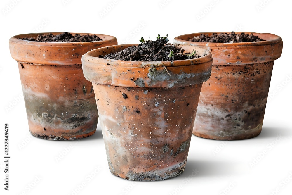 Fototapeta premium Three clay pots with soil on a white background. Isolated.