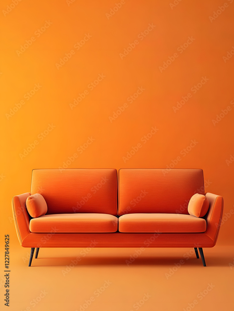 Fototapeta premium Orange luxury soft comfortable sofa on a orange plain background. Neural network AI generated art