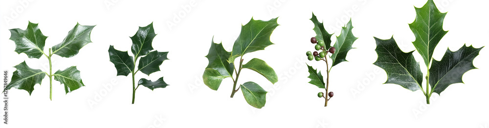 Christmas Holly Leaves and Berries on White Background. Flat Lay, Top View, 3D Rendering Illustration with Ample Space for Text. Christmas Holly Leaves and Berries on White Background. Flat Lay, Top View, 3D Rendering Illustration with Ample Space for Text.