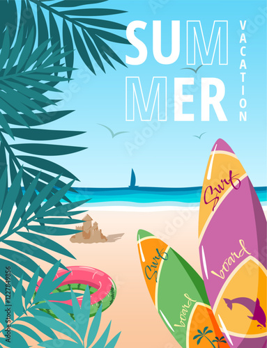 Summer background with the beach. Boards for surfing in the foreground, a frame of palm branches, a sea coast, a silhouette of a sailing boat.