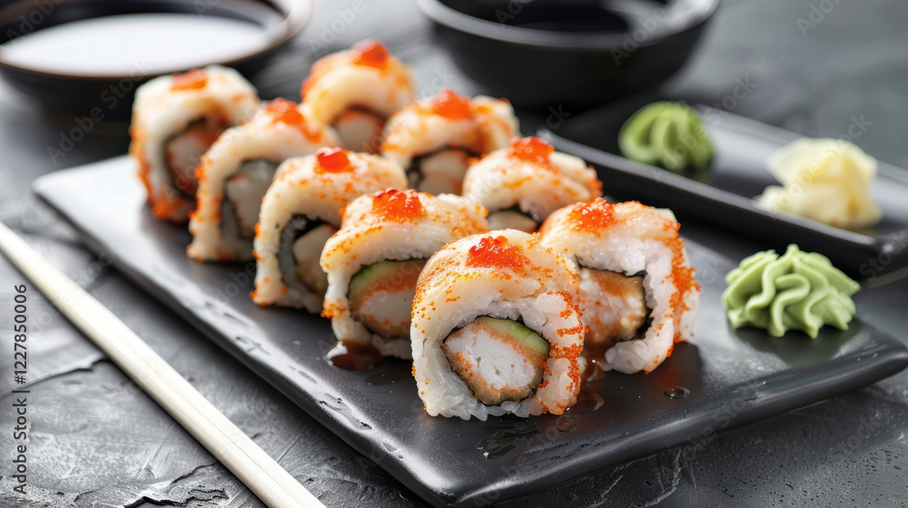 A plate of sushi with a variety of toppings. A plate of sushi with a variety of toppings.