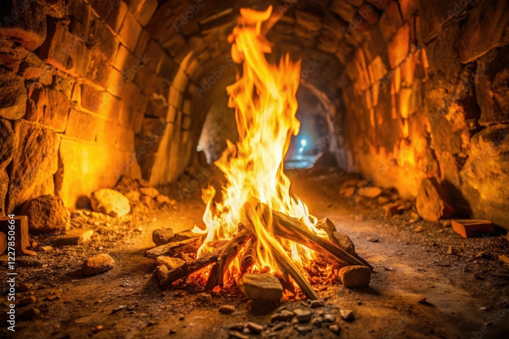 Obraz premium Soft warm flames dance in the darkness of an old abandoned mine, flickering, tunnel, decay