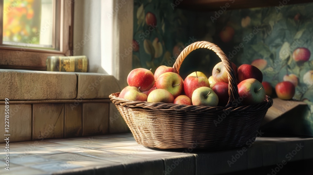 custom made wallpaper toronto digitalA basket of apples sits on a windowsill, with a window and a wall of fruit in the background.