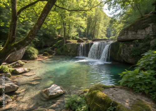 waterfall in the forest the waterfall of the lake, close view during