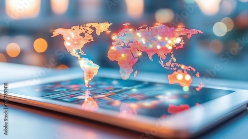 World map on tablet, exploring global connectivity and communication in the digital age