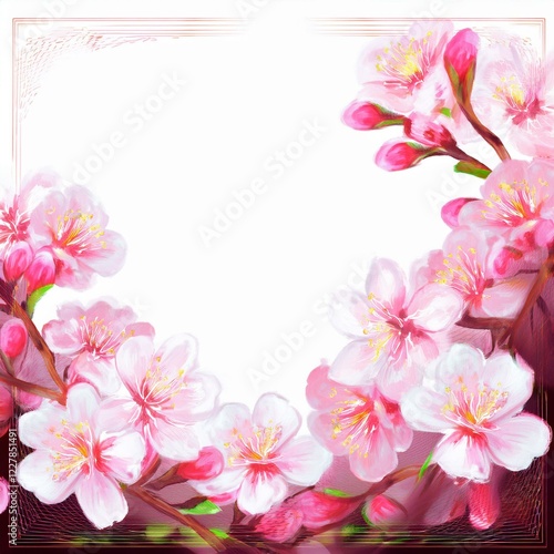 Illustration of beautiful close up cherry blossom border in springtime on white background with space for text