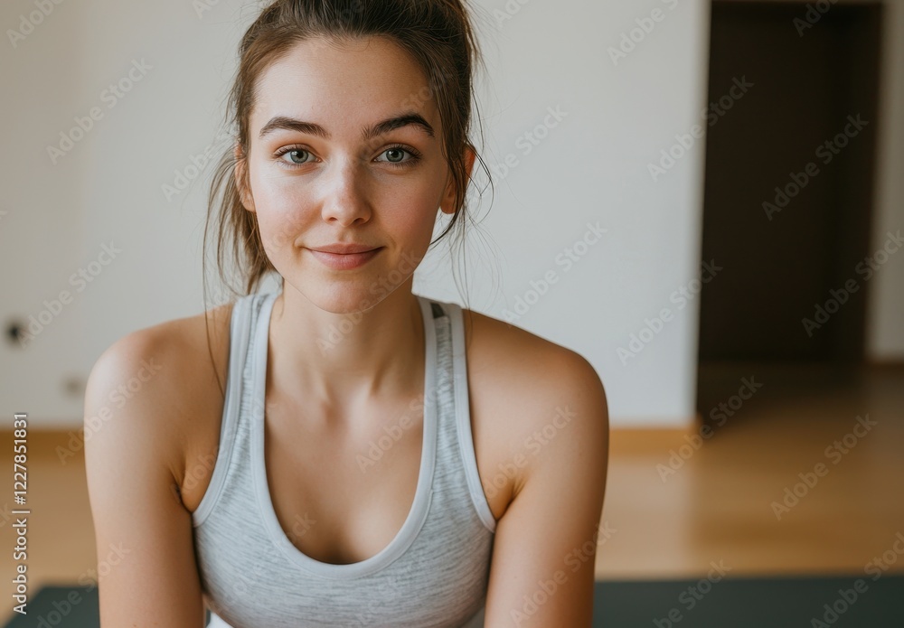 Young Woman Smiling in Comfortable Indoor Setting with Natural Light Radiating Serenity and Confidence Young Woman Smiling in Comfortable Indoor Setting with Natural Light Radiating Serenity and Confidence