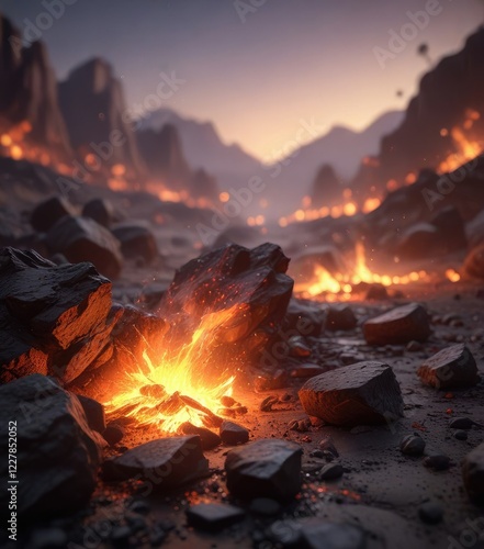 Softly glowing embers suspended in a blurred landscape, embers, , blurred landscape
