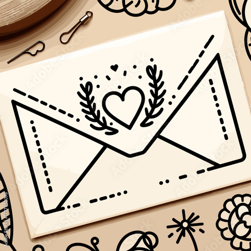 Artistic illustration of an envelope with a heart and decorative elements on a light background for love letter concept