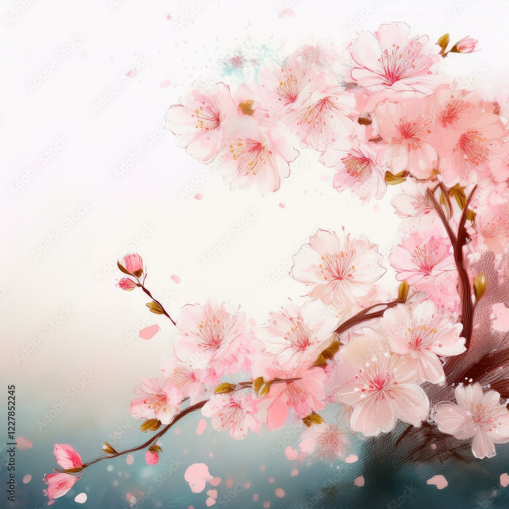 Obraz premium Illustration of beautiful close up cherry blossom border in springtime on white background with space for text