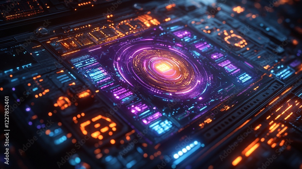 futuristic circuit board with neon lights and digital patterns futuristic circuit board with neon lights and digital patterns