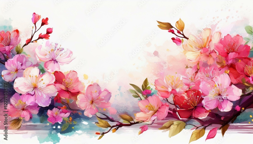 Naklejka premium Illustration of beautiful close up cherry blossom border in springtime on white background with space for text