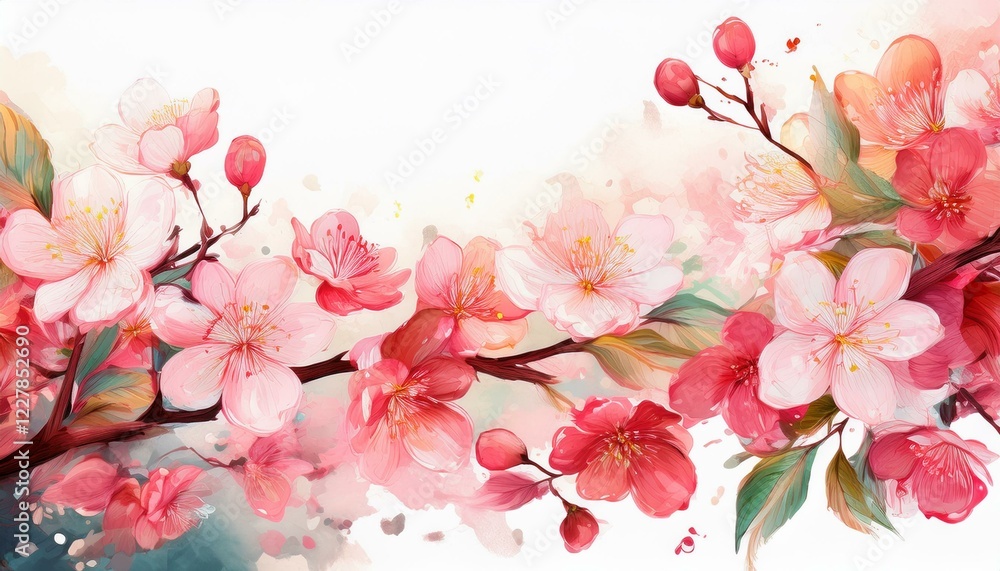 Obraz premium Illustration of beautiful close up cherry blossom border in springtime on white background with space for text