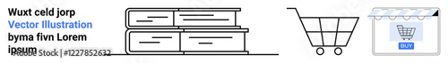 Books stacked neatly, shopping cart outline, and e-commerce window illustrate online purchasing and education themes. Ideal for retail, education, technology, e-commerce, marketing, bookstore apps