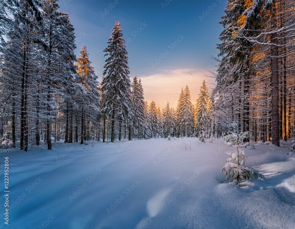 a quiet winter forest with snow covered ground and tall trees stretching into the distance under a soft twilight glow a quiet winter forest with snow covered ground and tall trees stretching into the distance under a soft twilight glow