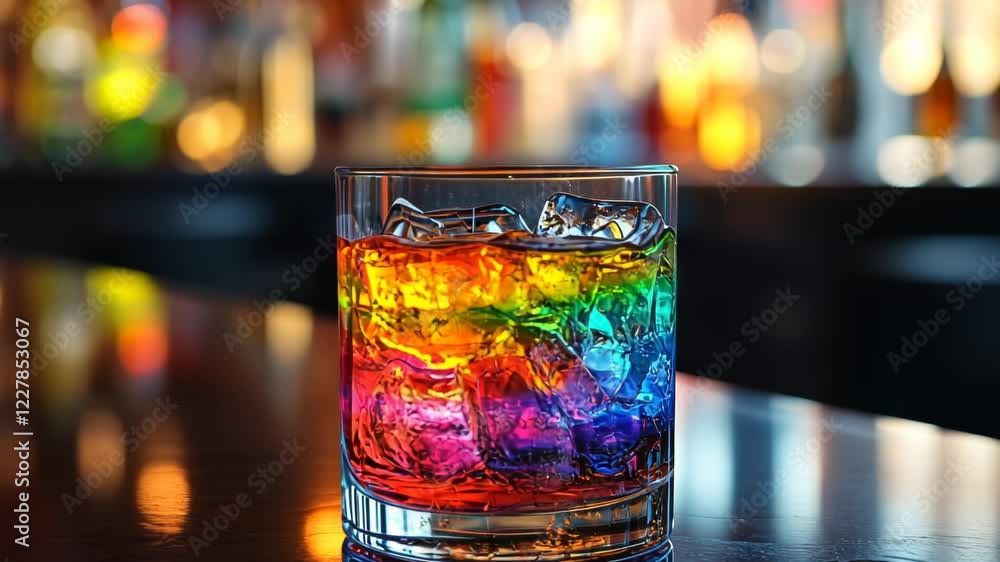 Colorful rainbow drink with ice on bar counter, vibrant background lights