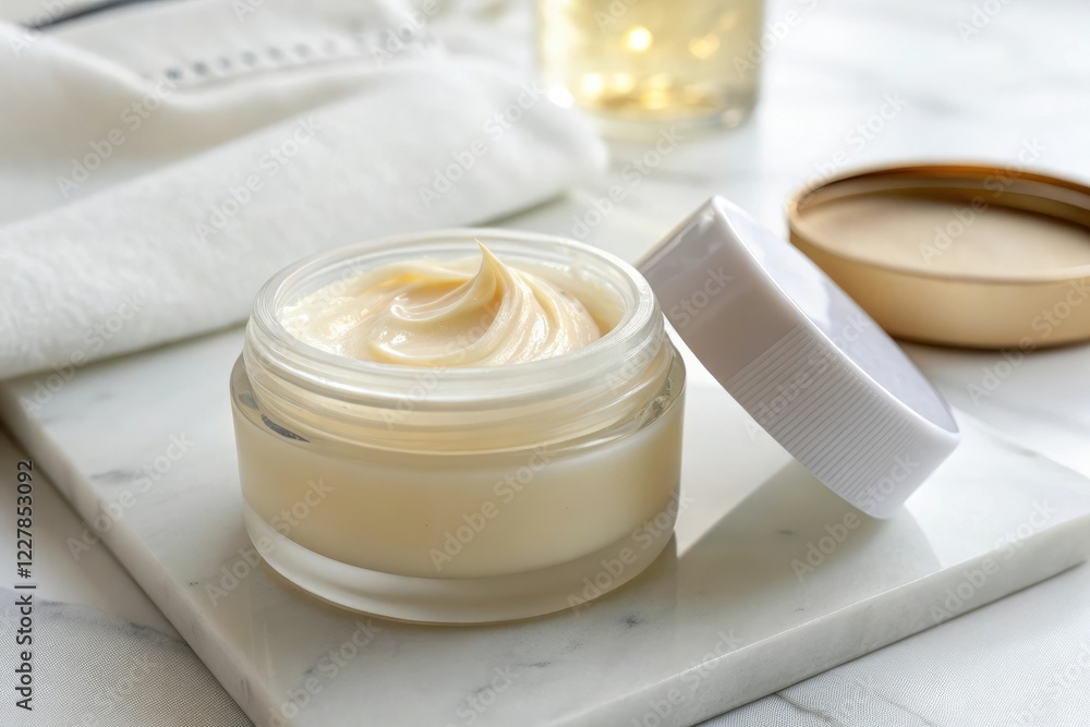 Softly glowing beauty cream sits atop a pristine white surface, radiating warmth and serenity, clean, close-up, soothing, product photography Softly glowing beauty cream sits atop a pristine white surface, radiating warmth and serenity, clean, close-up, soothing, product photography