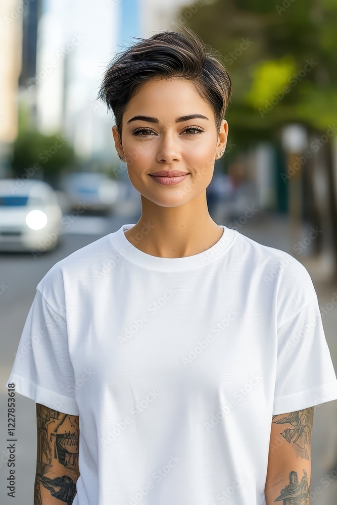 Confident Young Woman with Tattoos in White Shirt Outdoors Confident Young Woman with Tattoos in White Shirt Outdoors