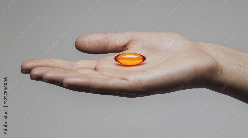 Orange Gel Capsule on a Hand Against Neutral Background Orange Gel Capsule on a Hand Against Neutral Background