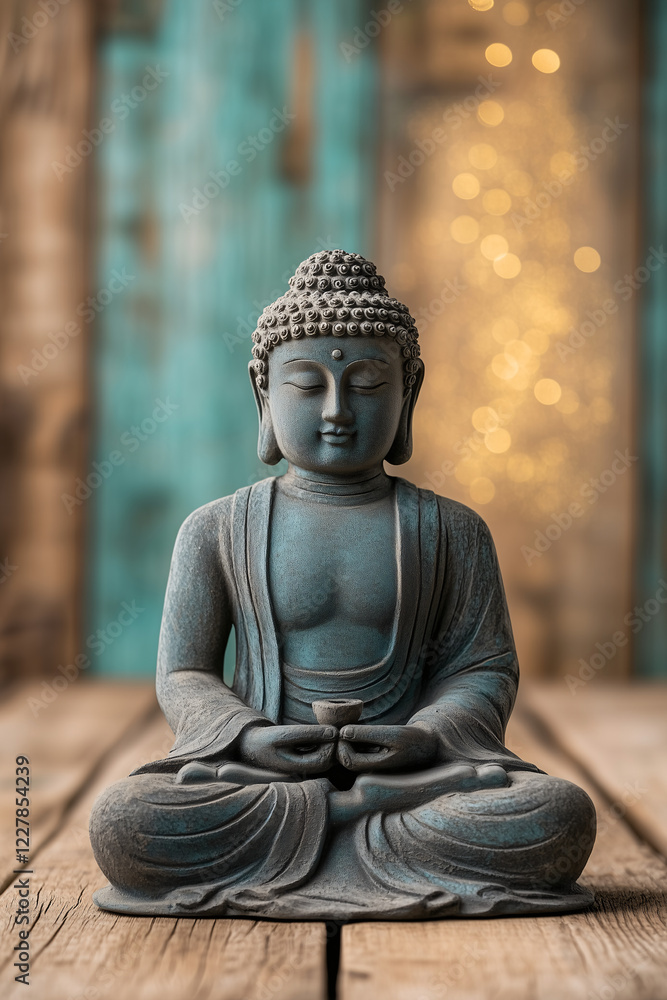 Fototapeta premium Serene Buddha Statue: A contemplative bronze Buddha statue sits in a serene pose on a rustic wooden surface, with a softly blurred teal background evoking tranquility and inner peace. 