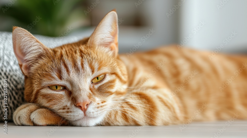 Ginger cat resting comfortably on a minimalist table, with soft decor and warm lighting, creating a relaxing domestic atmosphere