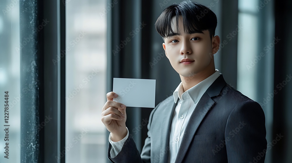 Person holding white mock-up paper with text in modern business environment indoor viewpoint for creative ideas Person holding white mock-up paper with text in modern business environment indoor viewpoint for creative ideas