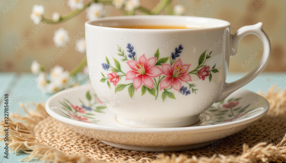 Fototapeta premium Easter lily tea cup on vintage café table, springtime elegance