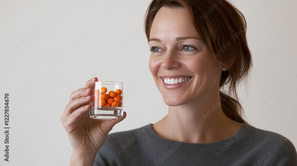 Smiling Woman Holding Glass of Orange Pills Smiling Woman Holding Glass of Orange Pills