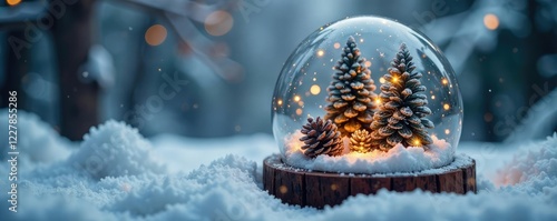 Snowy forest scene inside a clear glass snow globe filled with pinecones and sparkling lights, pinecones, frozen