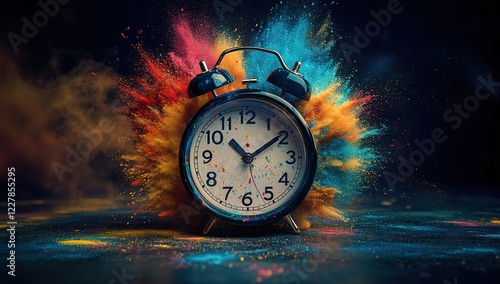 An alarm clock with a colorful paint explosion behind it, symbolizing the feeling of time flying by super fast.