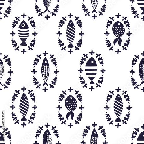 Cute fish in seaweed frames. Kids background. Seamless pattern. Can be used in textile industry, paper, background, scrapbooking.