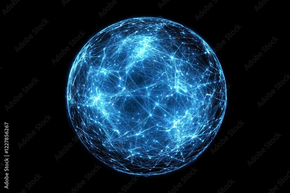 Blue digital sphere with network connections on dark background. Blue digital sphere with network connections on dark background.